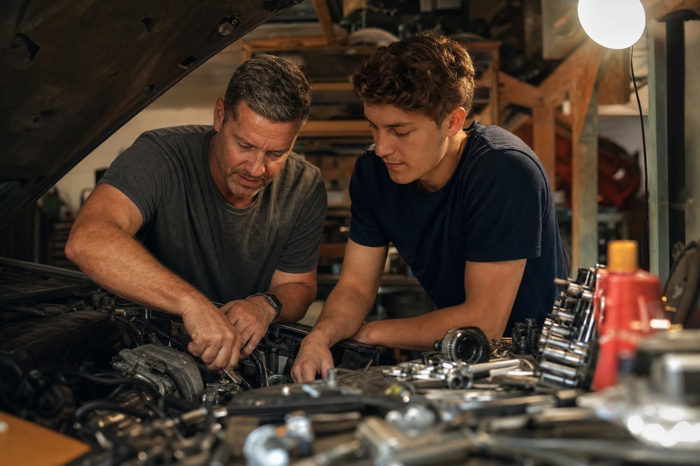 A dad and his 19-year-old son working together on a car engine in a home garage
