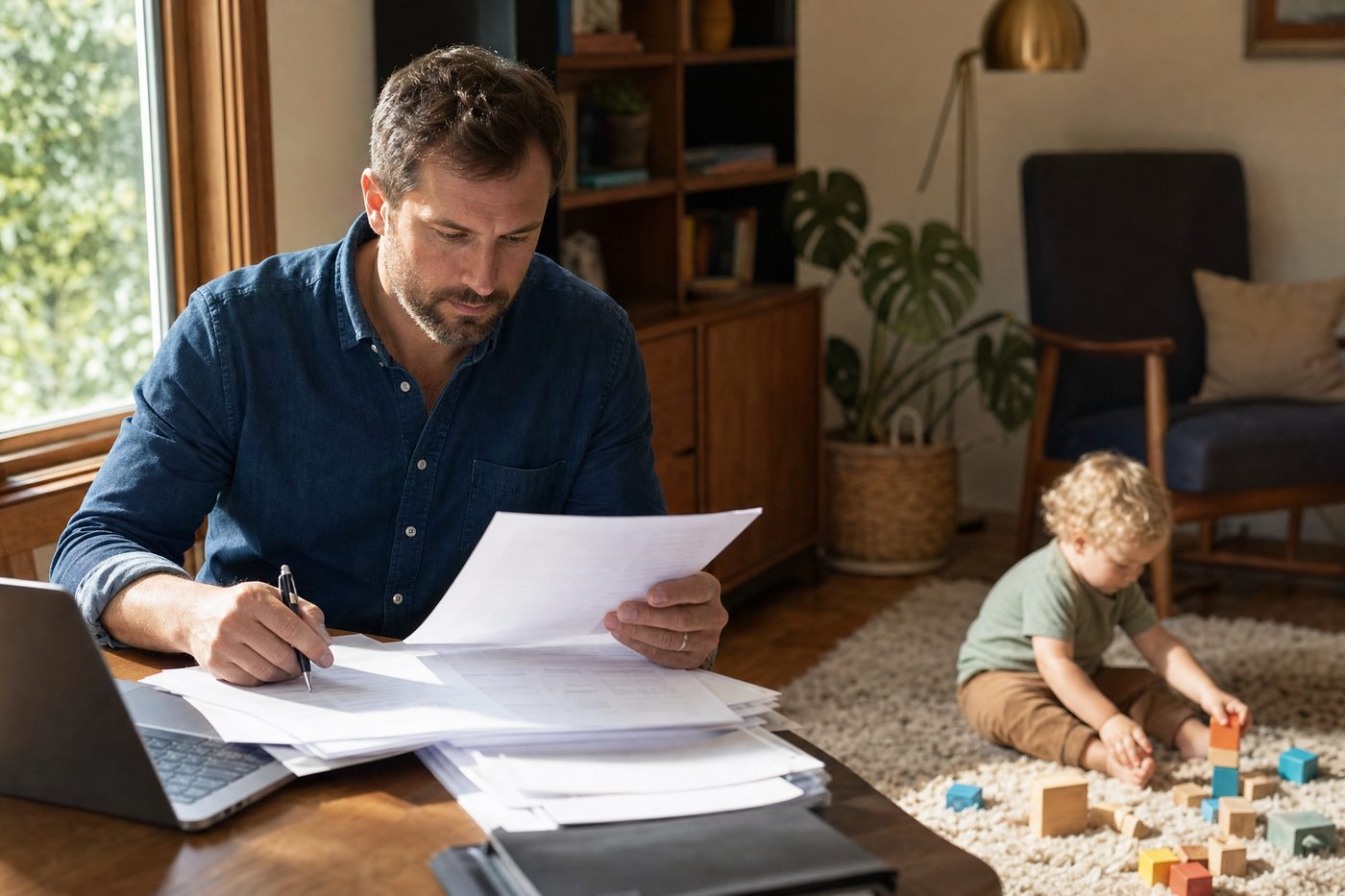 A dad at a home desk going through a stack of benefits paperwork with a pen while his toddler plays with wooden blocks on the rug beside him