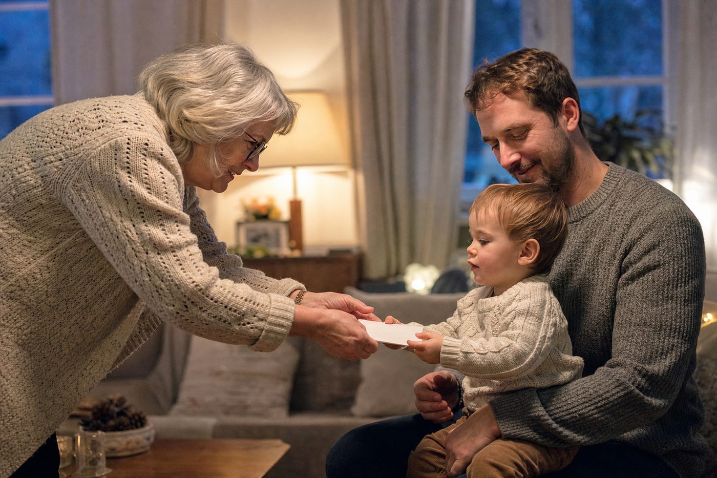 A grandmother handing a small envelope to a toddler sitting on his dad's lap in a lamp-lit living room