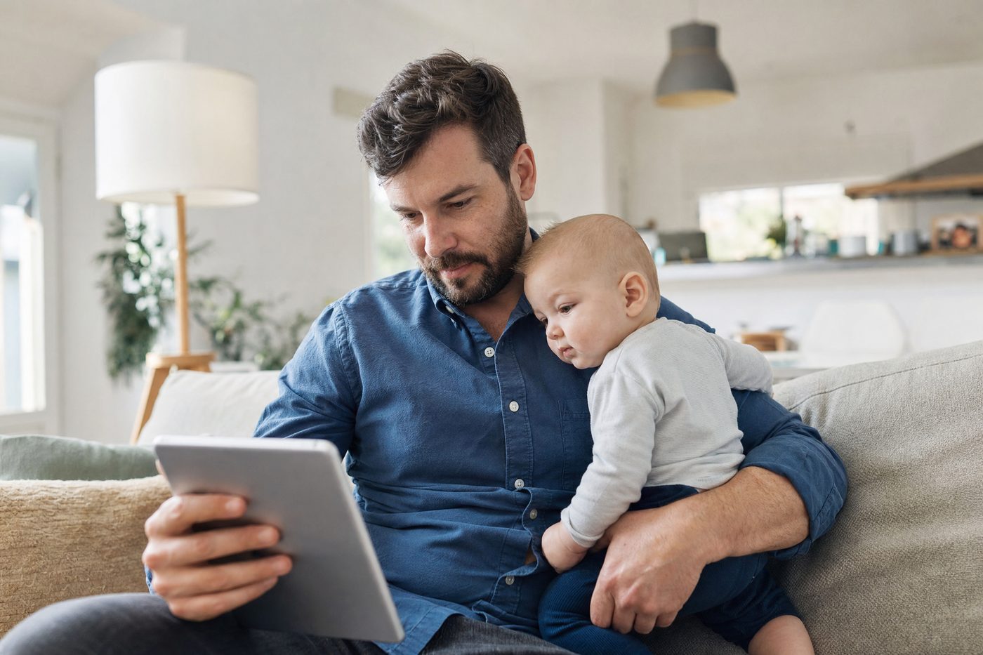 A dad on a couch holding his baby while looking at a tablet